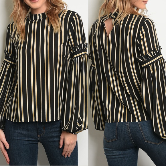 Le Lis Tops - Black Mustard Stripes Puff Sleeve Top {Le Lis}